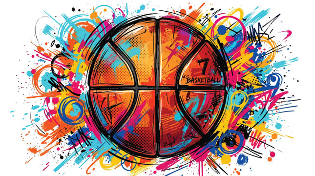 Vibrant vector illustration of a basketball featuring dynamic colorful paint splashes and artistic street graffiti style