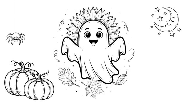 Cute ghost with sunflower petals, pumpkins, spider, and moon isolated on a transparent background
