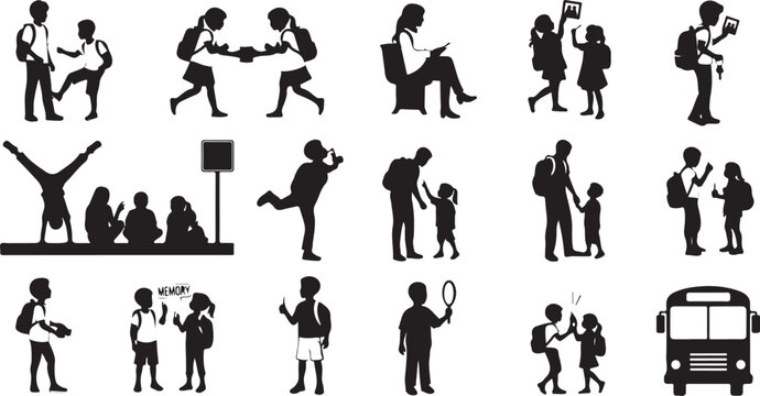 Set of black silhouettes of school children with backpacks and school bus for education and student design isolated on white background, Vector