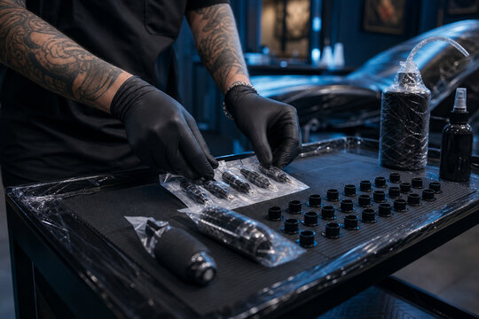 Close-up of a tattoo artist in black gloves arranging sterile needle cartridges and supplies on a covered workstation in a modern studio.