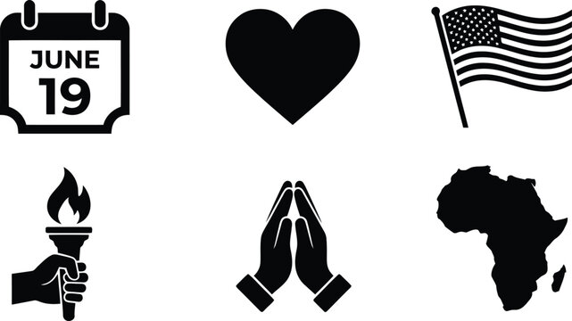 Juneteenth icons with heart, hands, torch, calendar, flag, and africa map