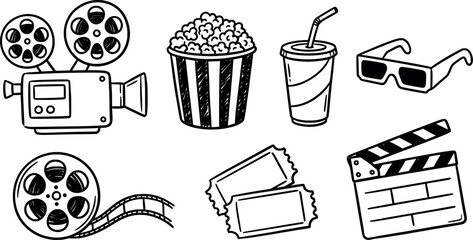 Set of cinema and movie elements, hand drawn doodle style vector illustration of film projector, popcorn, drink, 3d glasses, film reel, tickets and clapperboard isolated on white background © SampaRani