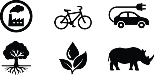 Eco friendly icons with car, bike, tree, leaf, rhino and factory © NasimaAktar