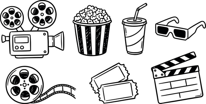 Set of cinema and movie elements, hand drawn doodle style vector illustration of film projector, popcorn, drink, 3d glasses, film reel, tickets and clapperboard isolated on white background