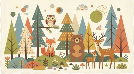 Naklejka premium An owl, fox, bear, and deer family gather in a vibrant, stylized forest landscape