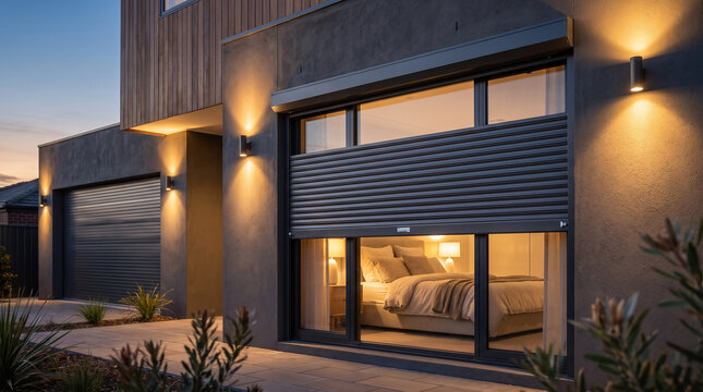 Dark roller shutters partially cover a window, revealing a warmly lit bedroom inside. Exterior wall lights illuminate the modern facade, providing security and privacy.