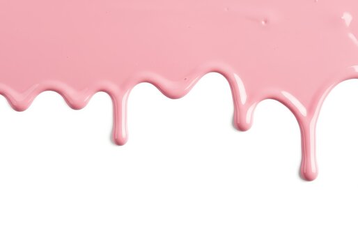 Pastel pink paint or thick cream dripping slowly down a clean white background, creating sweet abstract texture, liquid, wallpaper, graphic