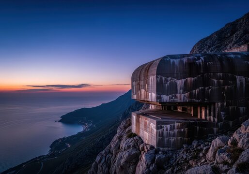 Rugged historic concrete defensive fortification built into a steep mountainside, dominating the strategic coastal landscape below, coastal, mediterranean, historical architecture