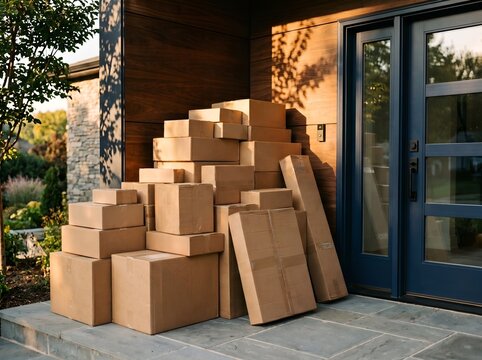 Large Stack of Brown Cardboard Moving Boxes Outside a Home Entrance