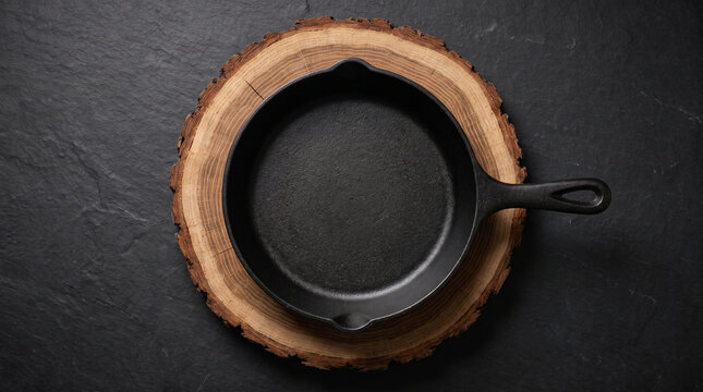 Top view of an empty black frying pan on a natural wood slice. Premium commercial culinary stock photography for cooking and gourmet food preparation mockups.