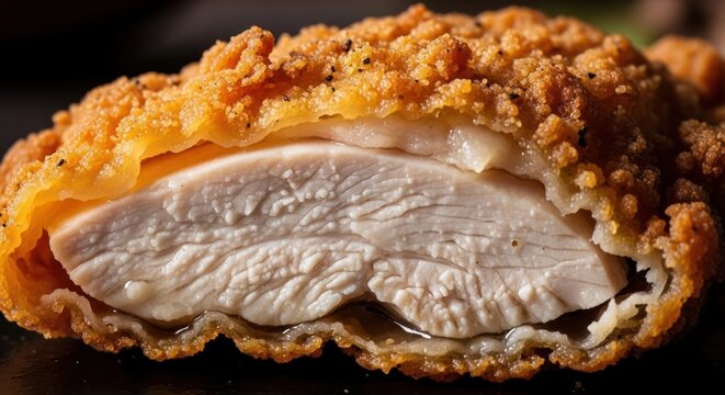 Close-up of a perfectly cooked crispy fried chicken breast showing juicy white meat inside.
