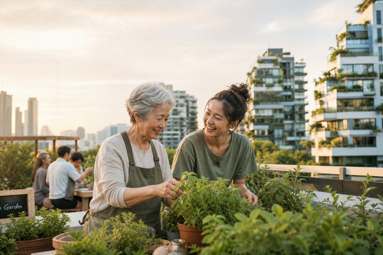 Intergenerational rooftop garden seniors and Gen Z woman laughing while tending potted herbs in sustainable co living residential towers urban community wellbeing shared green space