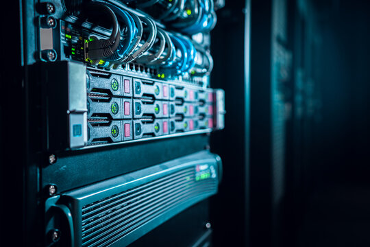 View of a server rack with networking equipment and cables in a data center in Los Angeles, California, United States.