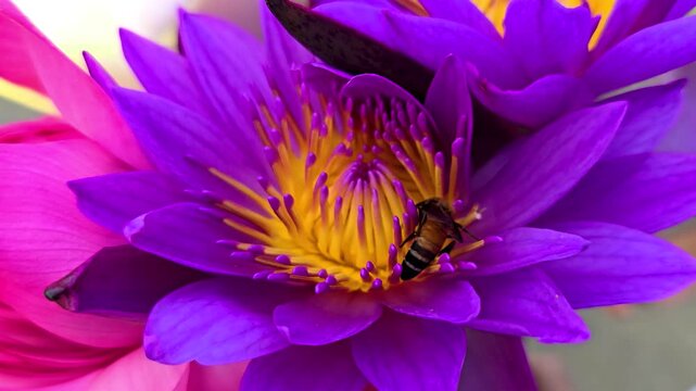 Close-up of a wasp collecting pollen from a blue lily flower, flying, perching, and walking across the petals, capturing detailed pollination and natural insect behavior