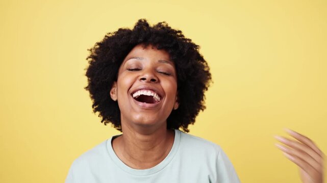 Expressive young woman showing different emotions on yellow background