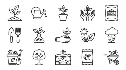 Fototapeta premium Gardening icons, plant symbols, gardening tools, 16 line icons