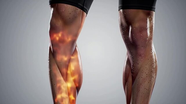 Close-Up of Runner's Calf Muscle in Mid-Contraction with Dynamic Burn Effect Against Solid Gray Background