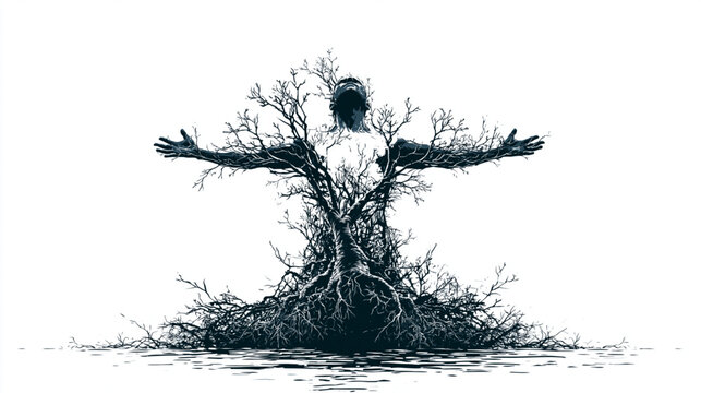 The Awakening Tree-Human Hybrid: A striking surreal illustration depicts a human-like figure formed from intertwined tree branches and roots, with open arms reaching outwards.