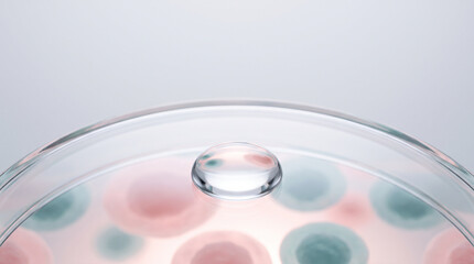 Fototapeta premium Macro serum droplet on a glass petri dish over blurred pastel cells, ideal for biotech research and advanced skincare hydration concepts.