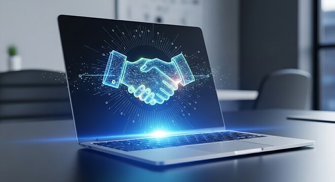 Hands shaking virtually over glowing handshake icon on laptop symbolizing trust, partnership, and successful B2B agreements.