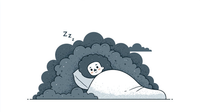 Dreamy Slumber: A person sleeps soundly in bed, enveloped in a dark, cloud-like, dreamy atmosphere, indicating deep sleep and comfort.