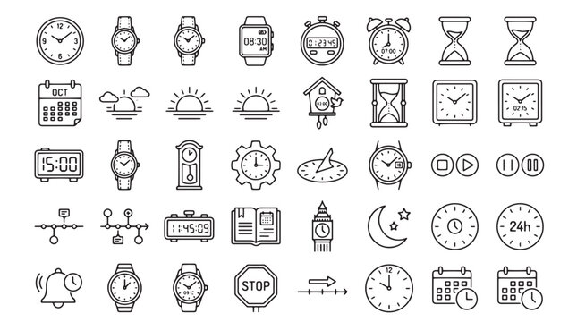 40 Time and Clock Icons, Vector Set, Line Style, Black and White, Time Management, Scheduling, Clock and Watch Symbols