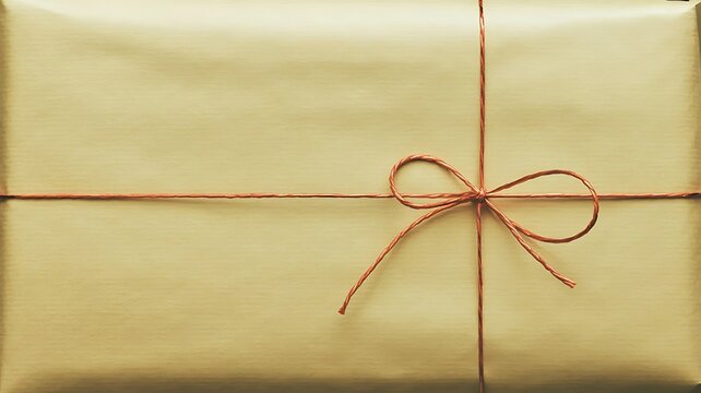 A rectangular gift box wrapped in plain light brown paper and tied with a simple orange string bow, centered view