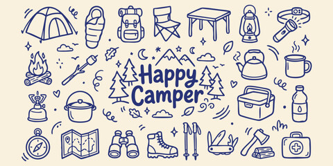 Doodle camping icons with a happy camper theme on a cream background for outdoor adventure graphics © Ishtiaq