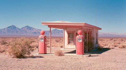 Naklejka premium Retro gas station in a desert landscape with mountains in the background