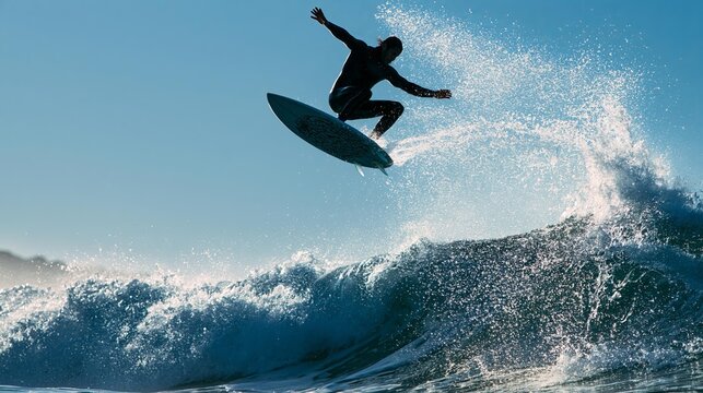 Surfer performing an aerial maneuver over a wave, catching air and spray against a clear blue sky