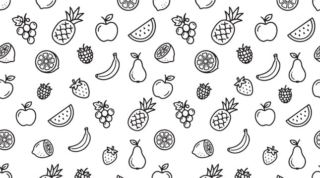Fruit icons, black and white illustrations, seamless pattern, vector graphics, fruit symbols