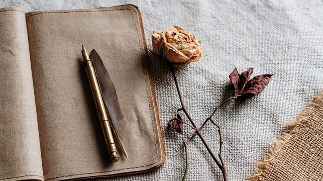 Vintage quill pen and dried rose on a textured linen surface