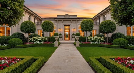 Obraz premium Luxurious Mansion Estate with Manicured Gardens and Dramatic Sunset Sky.
