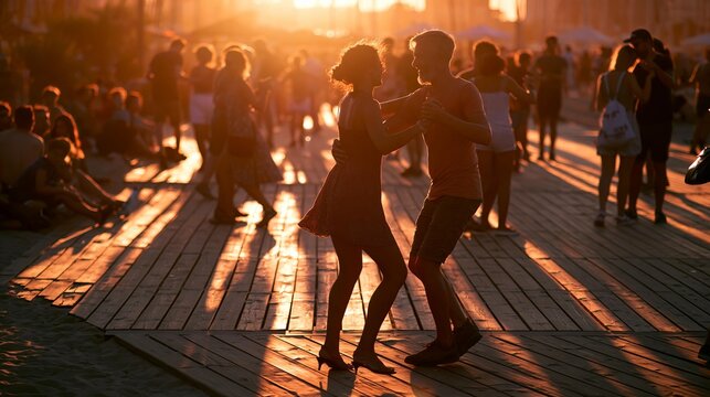 Couple dances romantically on a wooden boardwalk during golden hour sunset