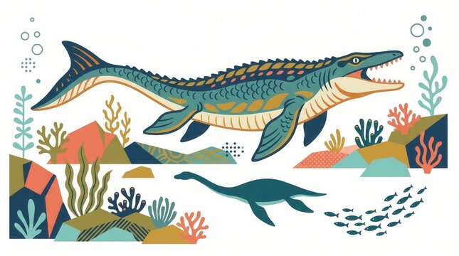 A large Mosasaur with an open mouth swims above a Plesiosaur and small fish in the ocean