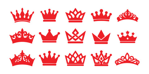 Set of fifteen different red royal crowns and tiaras for kings and queens design elements ©  Designer