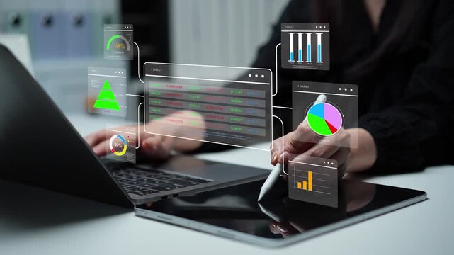 Businesswoman analyzing dashboards, operational reports, charts, statistics, and performance indicators to support data-driven business management and decisions.