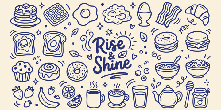 Whimsical breakfast doodles with 'Rise and Shine' text on a cream background