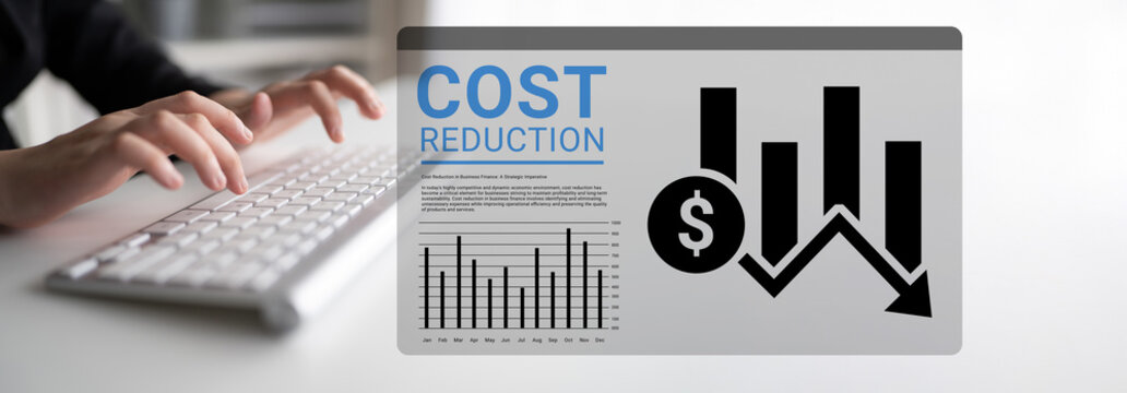 This image portrays cost reduction strategies with graphs and symbols, emphasizing financial growth through efficient management and effective planning methods. Ledger