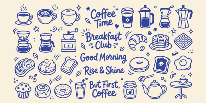 Whimsical hand-drawn doodle collection of breakfast and coffee items on a cream background signifying morning enjoyment and a fresh start