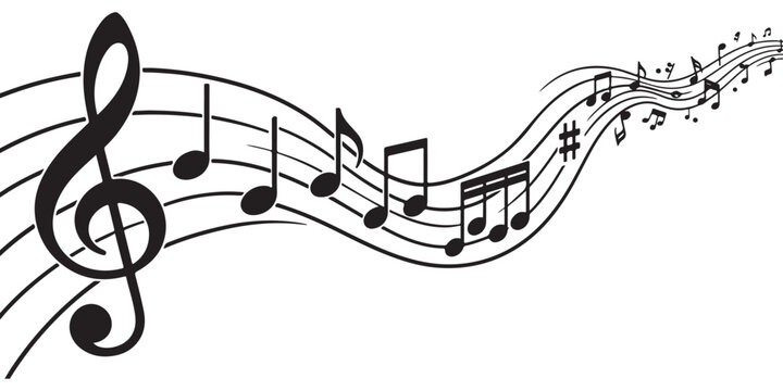 Black music notes and treble clef symbol flowing on a musical staff wavy line design element