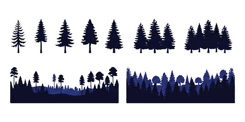 Set of dark blue pine tree silhouettes and coniferous forest landscape borders for design ©  Designer