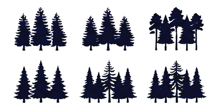 Set of dark blue hand drawn pine tree silhouettes in small forest groups for nature designs