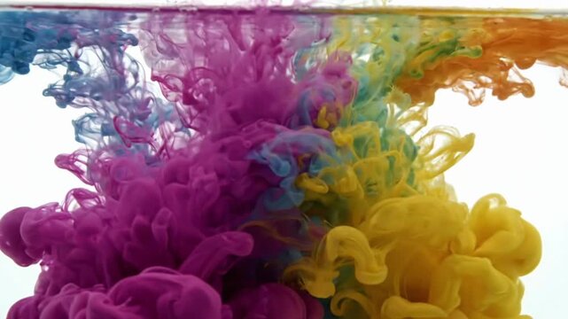 Color paint drops mix in water creating abstract patterns in a simple setup