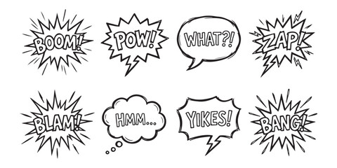 Set of hand drawn comic book speech bubbles and sound effect text clouds in sketch style ©  Designer