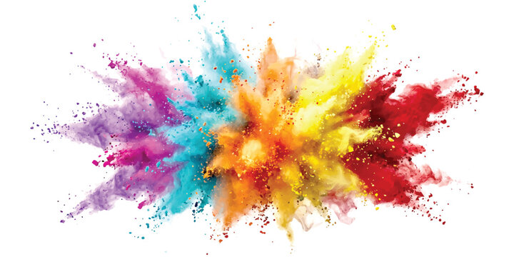 Bright colorful powder explosion with vibrant paint dust clouds splashing in the air