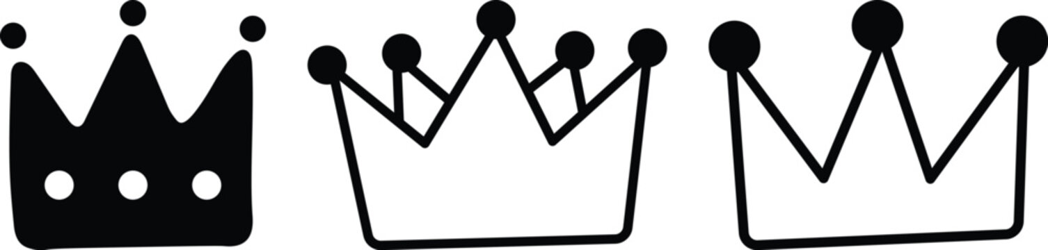 Minimal crown icon set, Royal king and queen crowns, Outline and solid black vector collection for logo, branding, luxury labels, UI, stickers and decorative design