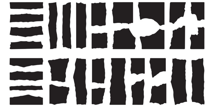 Set of black torn paper strips and ripped edge shapes on a horizontal and vertical layout design