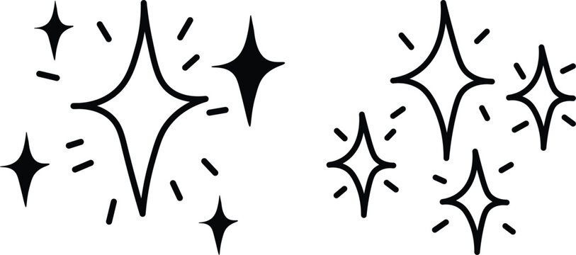 Minimal sparkle icon set, Magic stars, twinkle shine symbols, Hand drawn outline and solid black vector collection for logo, Branding, UI, Decorative design and stickers