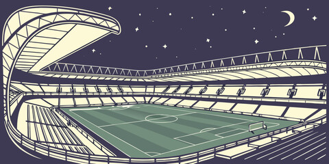 Fototapeta premium Modern football stadium with empty seating and grass field, vector